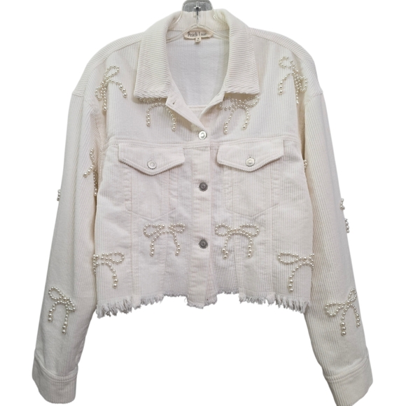 Nwot Peach Love Ivory Cordoroy Pearl Bows Cropped Raw Edge Collared Jacket - Picture 12 of 17